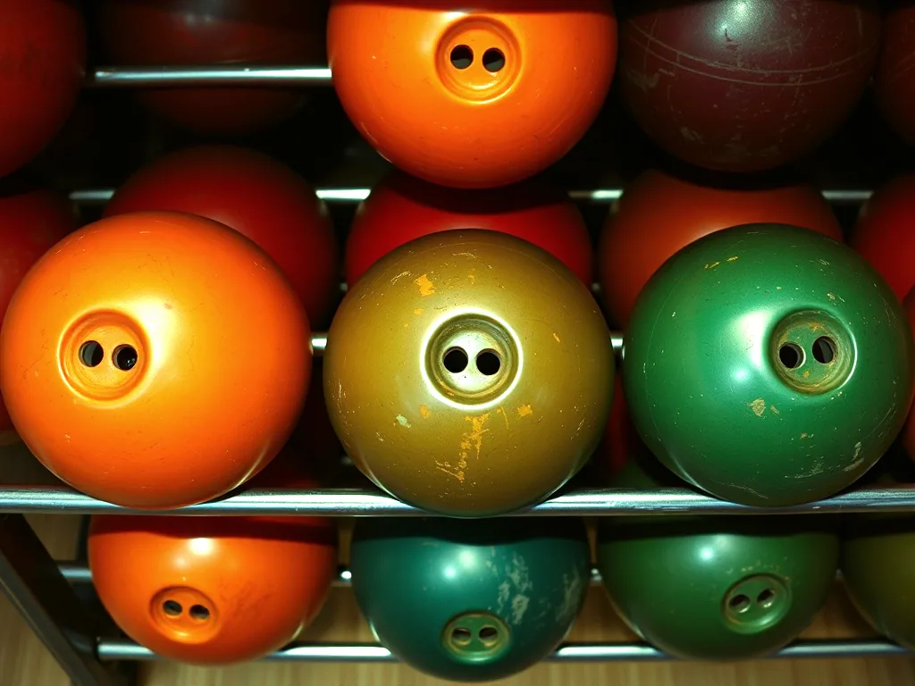 House bowling balls seen from above racked in rows on steel bars, plain scuffed orange, green and dark red spheres with their finger holes facing up.