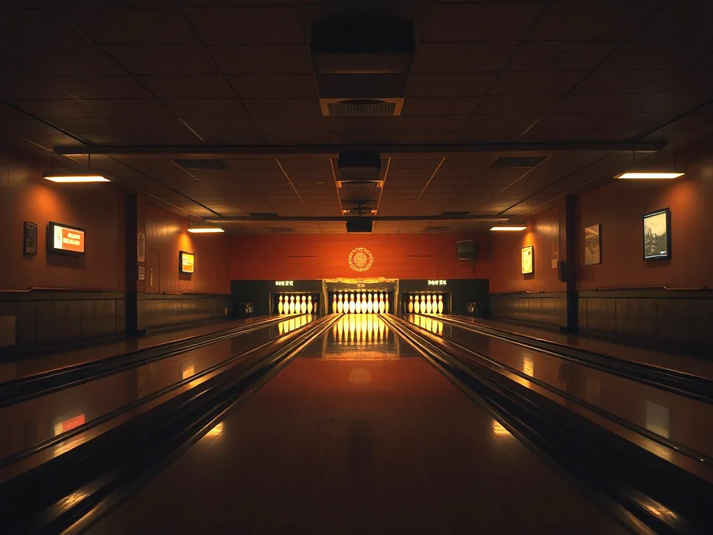 Looking down the lanes of a small bowling house from the approach, the boards running away to the lit pin decks, house lights on and the room otherwise dark.