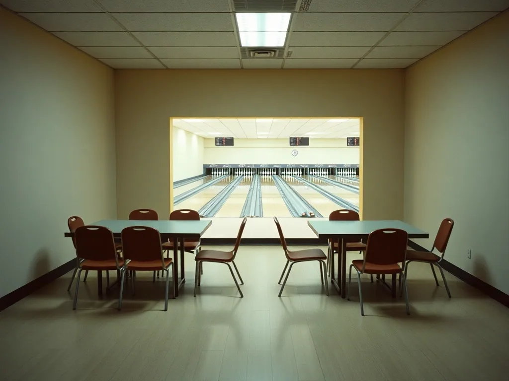 A plain party room set up empty, two tables with chairs pushed in, and the bowling lanes visible through a wide opening in the far wall.