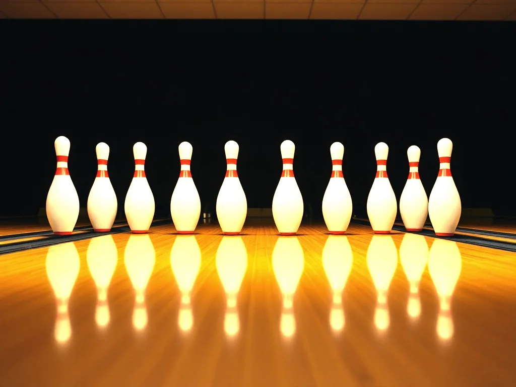 Ten pins standing in formation at the end of a lane, lit warm against a dark back wall, their reflections stretched down the polished boards.