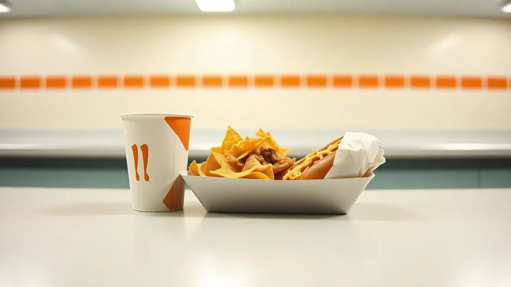 A paper tray of nachos and a hot dog beside a paper cup of fountain soda on a laminate counter under fluorescent light.